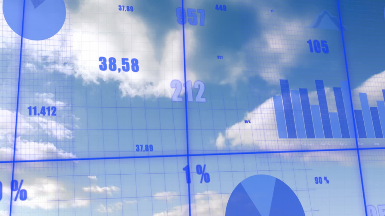 통계 데이터 처리의 애니메이션과 화살표 아이콘이 파란 하늘을 배경으로 아래로 움직입니다.