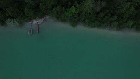 Toma-Aérea-De-Arriba-Hacia-Abajo-En-Un-Muelle-En-Un-Lago-Turquesa-Con-Copas-De-árboles-Verdes-En-La-Orilla,-Hermoso-Paisaje