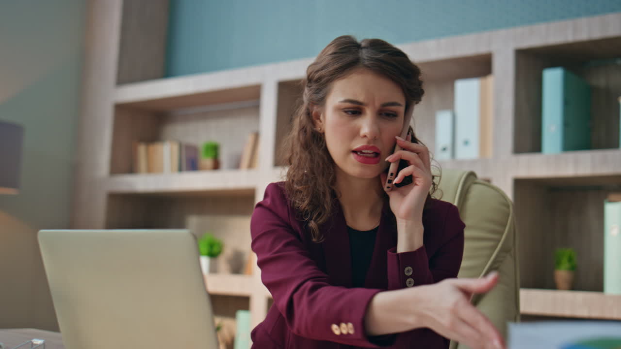 Busy manager speaking mobile phone looking financial papers. Closeup woman talk