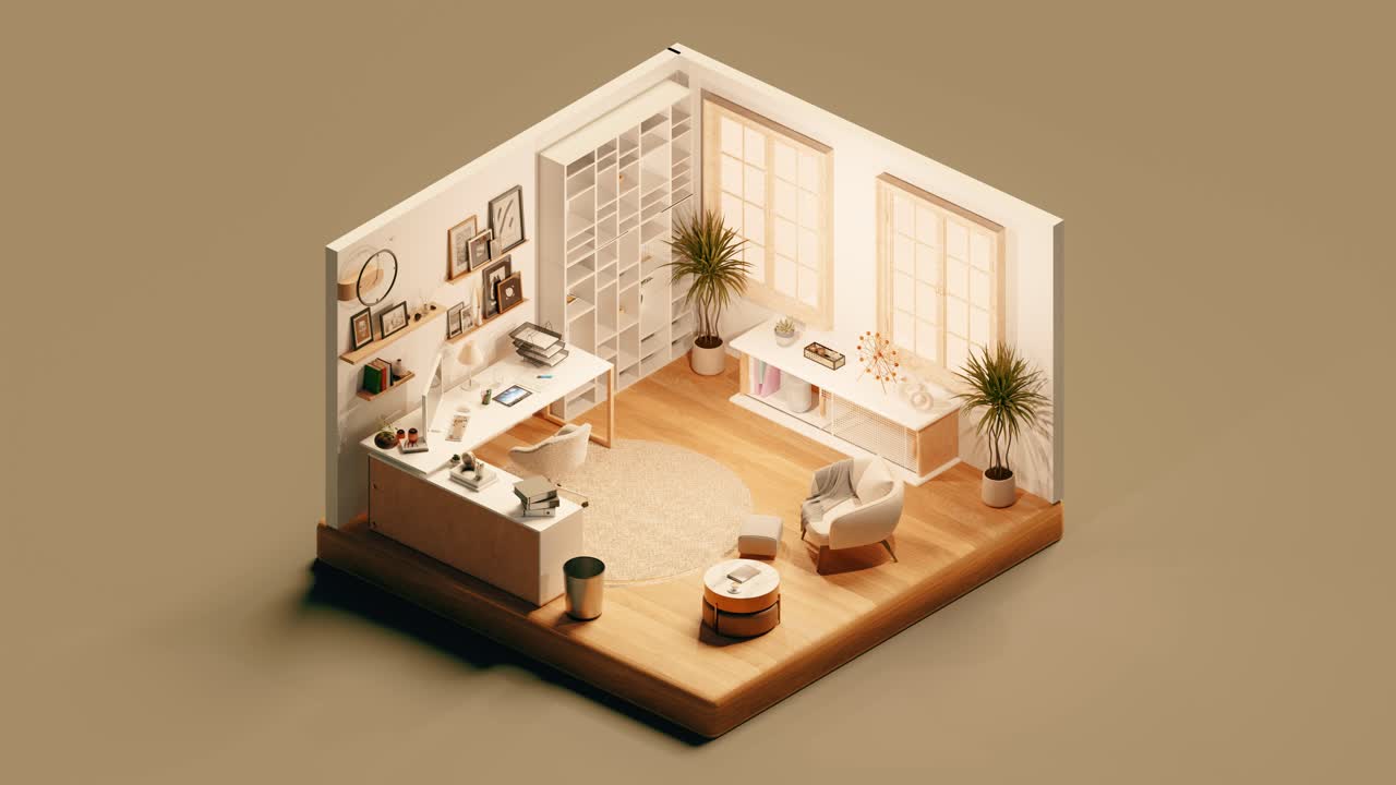 Isometric view of interior of modern study room in cartoon style. 3d isometric loop