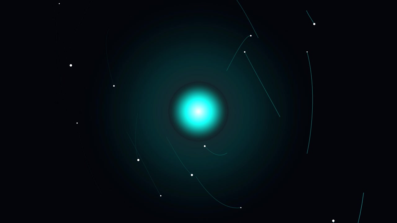 Animazione astratta di un nucleo ciano luminoso con particelle in orbita