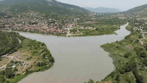 Ancient-Cityscape-With-The-Caucasus-Mountains-And-Rivers-At-Mtskheta-In-Mtskheta-Mtianeti-Province-of-Georgia