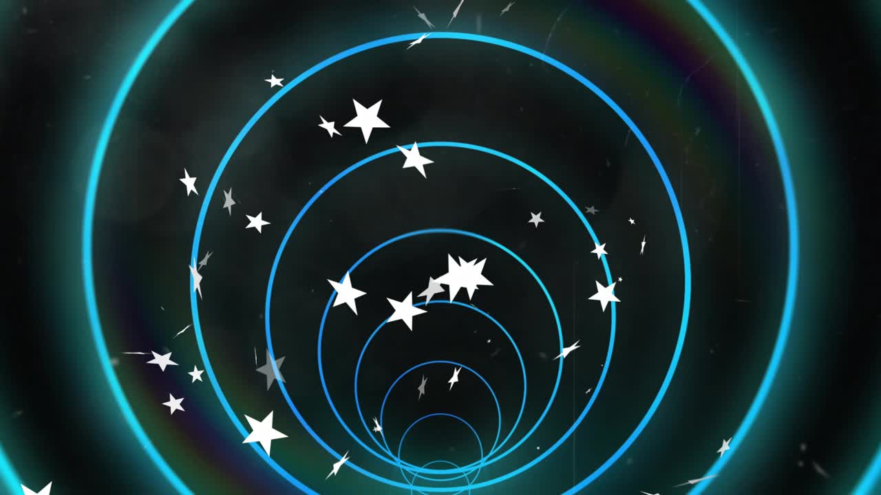 Center point appearing, blue rings pulsing, zooming, white stars drifting in showing tunnel motion