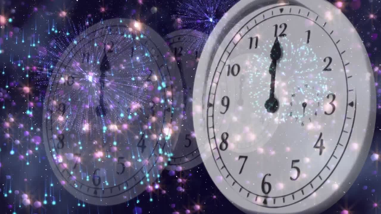 Spots of lights and fireworks exploding over ticking clock against blue background
