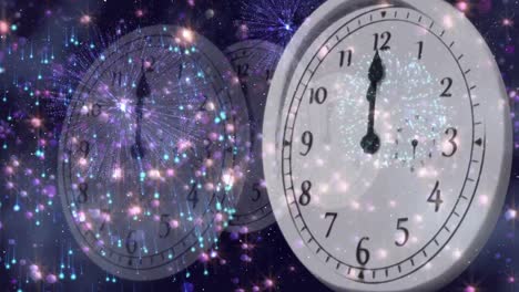 Spots-of-lights-and-fireworks-exploding-over-ticking-clock-against-blue-background