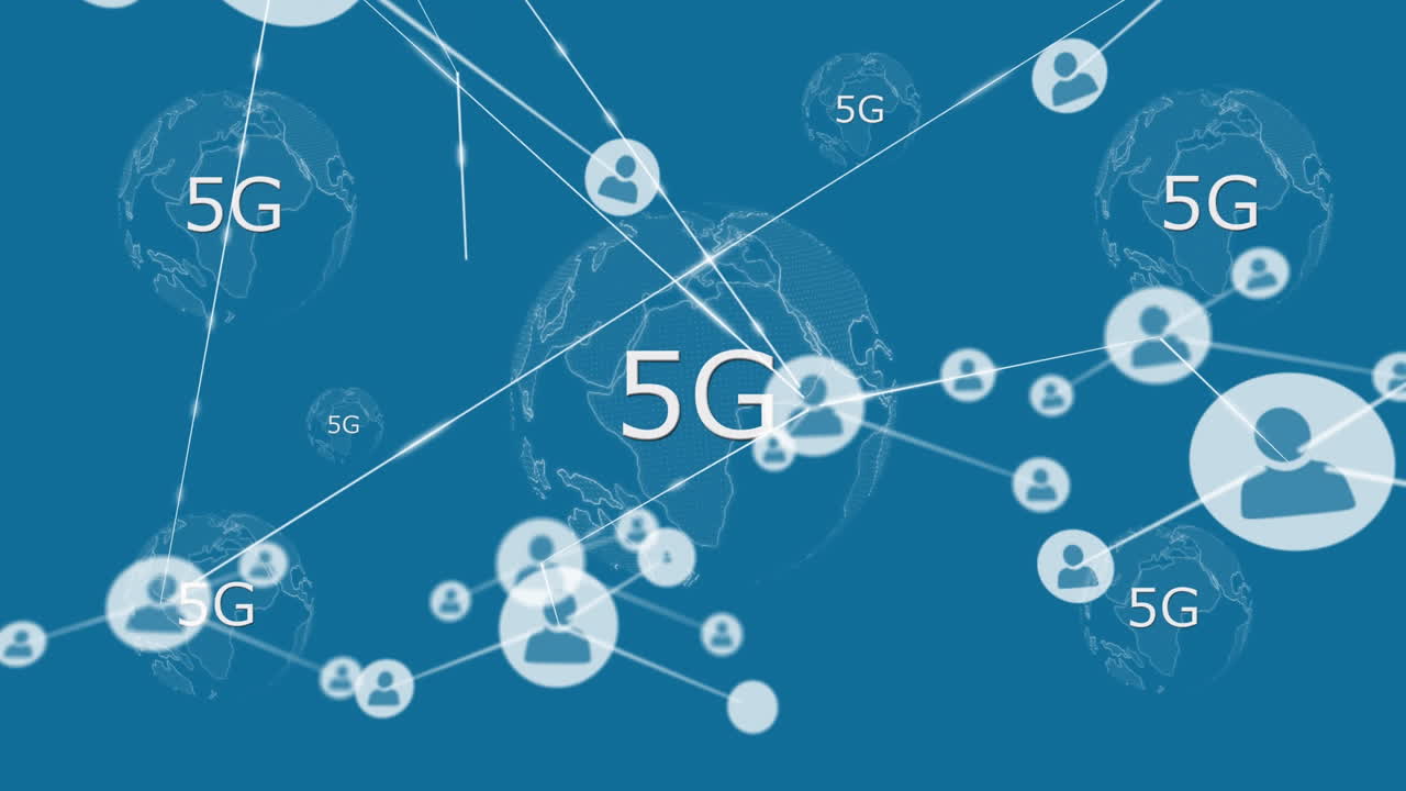 animación de un globo con texto de 6g sobre una red de conexiones sobre fondo azul