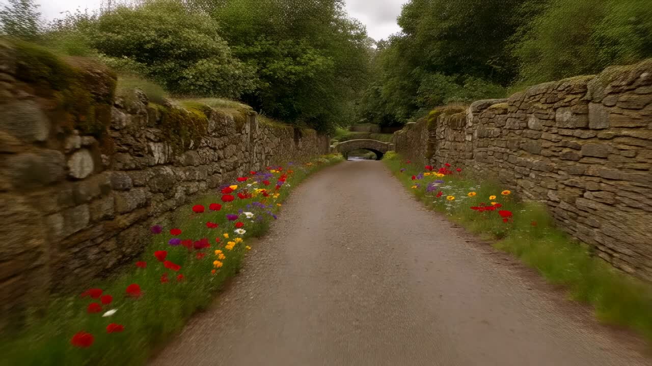 Starting crew pushing camera forward down narrow lane, revealing mossy stone walls and arch bridge