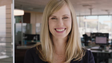 portrait successful blonde business woman laughing female office manager enjoying successful career in corporate management professional at work