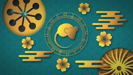 animation of gold chinese rat symbol over blue background