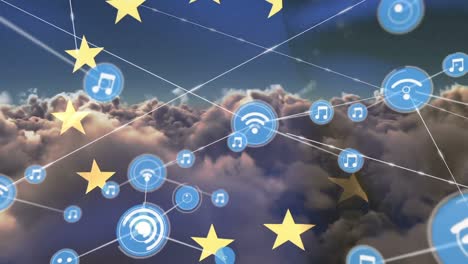 Animation-of-network-of-connection-and-icons-over-ue-flag-and-cloudy-sky