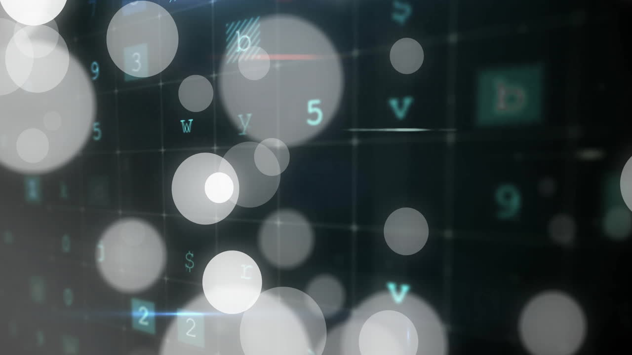 글자와 숫자를 가진 디지털 그리드 위에 떠다니는 보케 조명 애니메이션