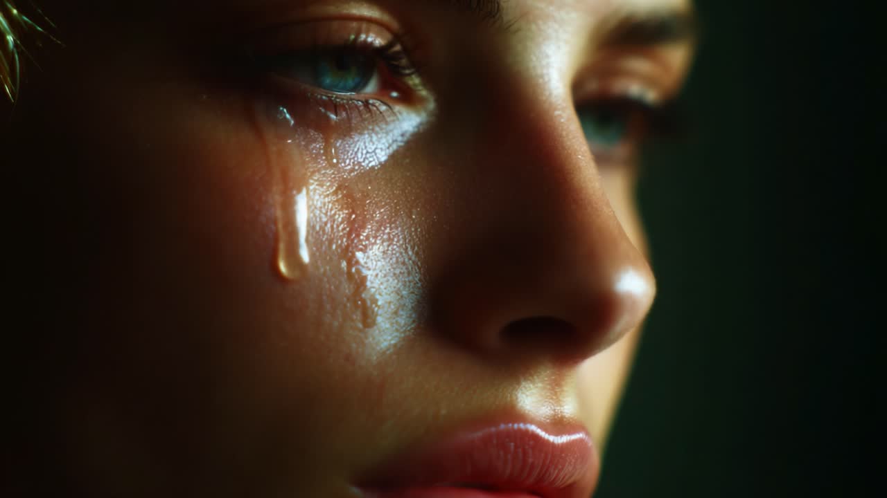 A poignant exploration of human emotion captured in stunning detail, revealing the depth of sadness through tears cascading down a beautiful face, reflecting vulnerability and inner turmoil in two striking frames
