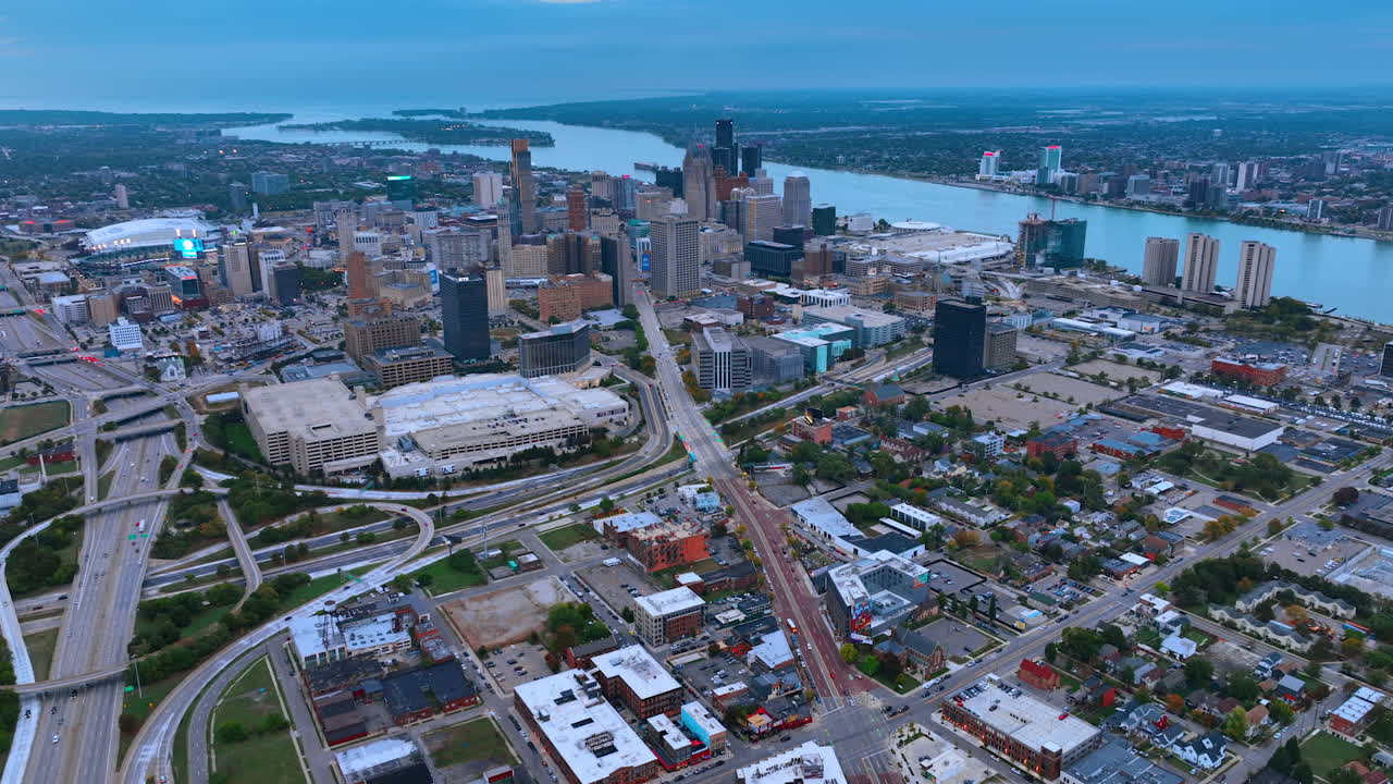 Detroit, USA, 28 July 2025: Elevated View of Detroit's Skyline and Freeway Interchanges. An elevated view captures the downtown Detroit skyline