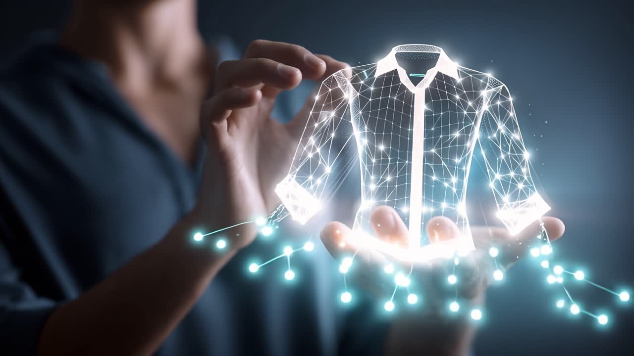 Mani che accarezzano un capo virtuale luminoso. Particelle di luce volteggiano intorno al tessuto. La persona si concentra delicatamente sul design digitale. La scena suggerisce un'innovazione futuristica nella moda. Ideale per tecnologia, design.