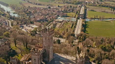 drone shot over scaligero castle, mantova italy