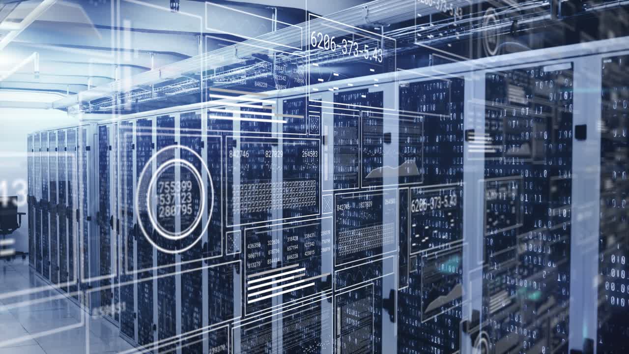 Animation of hud interface screens with graphs, shapes and numbers over data server racks