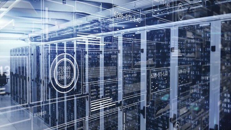 Animation of hud interface screens with graphs, shapes and numbers over data server racks