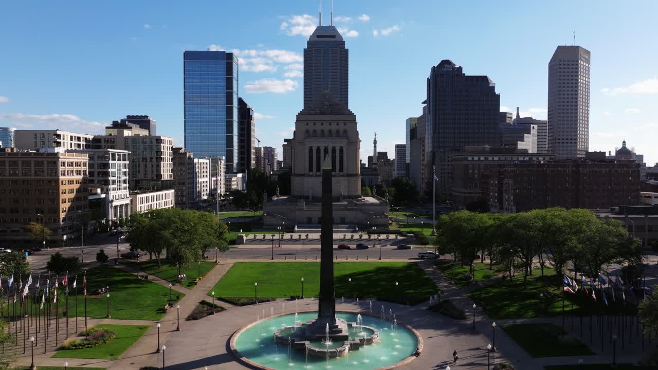 Incredible Establishing Drone Shot Above Obelisk Square in Indiana War Memorial Plaza