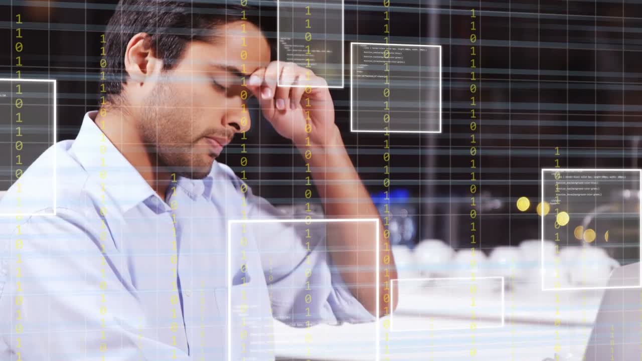 Man typing on laptop, launching HUD grids and dotted chart, pausing, resuming for analytics