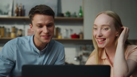 couple saying goodbye online meeting at home closeup. pair finishing video call.