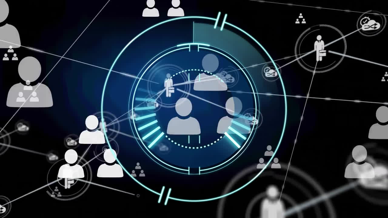 animación de la red de conexiones con iconos sobre el alcance en fondo oscuro