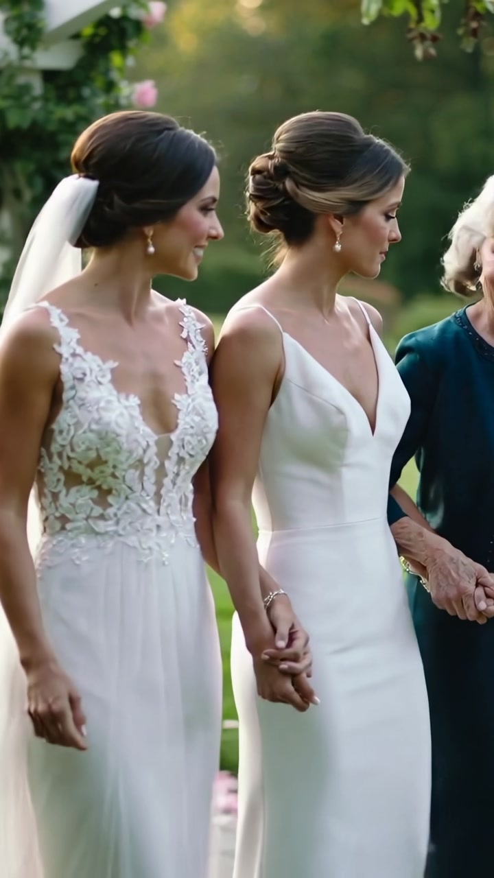 Vertical video: Floral arbor cueing three women linking arms, walking down garden aisle for vows