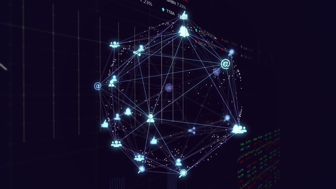 Globe of digital icons spinning against stock market data processing against blue background