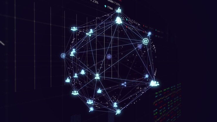 Globe of digital icons spinning against stock market data processing against blue background