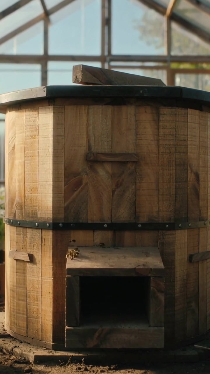 Vertical video: Camera zooming in on wooden barrel revealing soil on flap in greenhouse to check