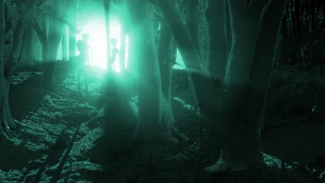 3D-CGI-long-shot-reveal-of-classic-Roswell-style-grey-aliens-standing-ominously-silhouetted-by-a-mysterious-glaring-teal-light,-in-the-middle-of-a-dark-and-eerie-forest-at-night