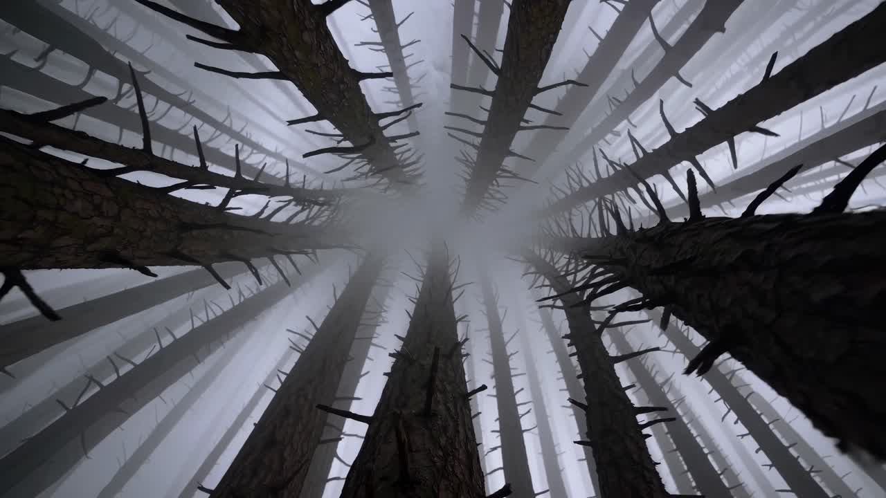 Et fascinerende billede i opadgående engel af høje, nøgne træer i en tåget skov, der skaber en surrealistisk stemning