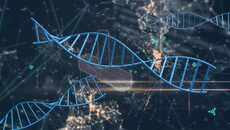 animation of network of connections over globe and data processing on black background