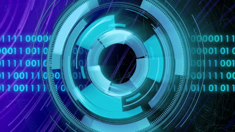 interfaz digital giratoria con codificación binaria y formas geométricas, animación futurista