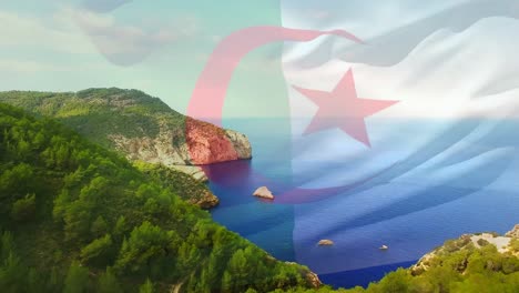 digital composition of waving algeria flag against aerial view of the sea