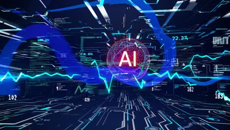 Futuristic video concept with a digital interface overlay. High-angle shot showcasing AI and data
