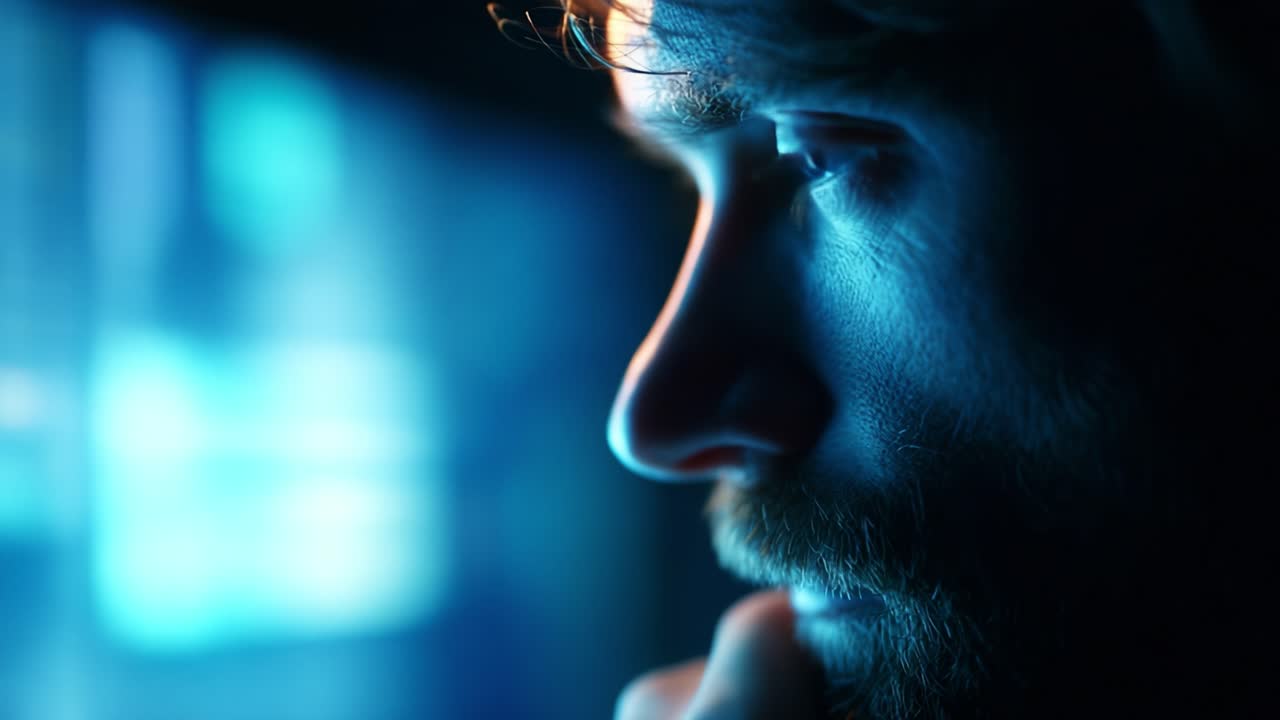 A close-up of a thoughtful individual immersed in a digital world, focused on a screen as soft blue light illuminates their contemplative expression and showcase a blend of technology and reflection