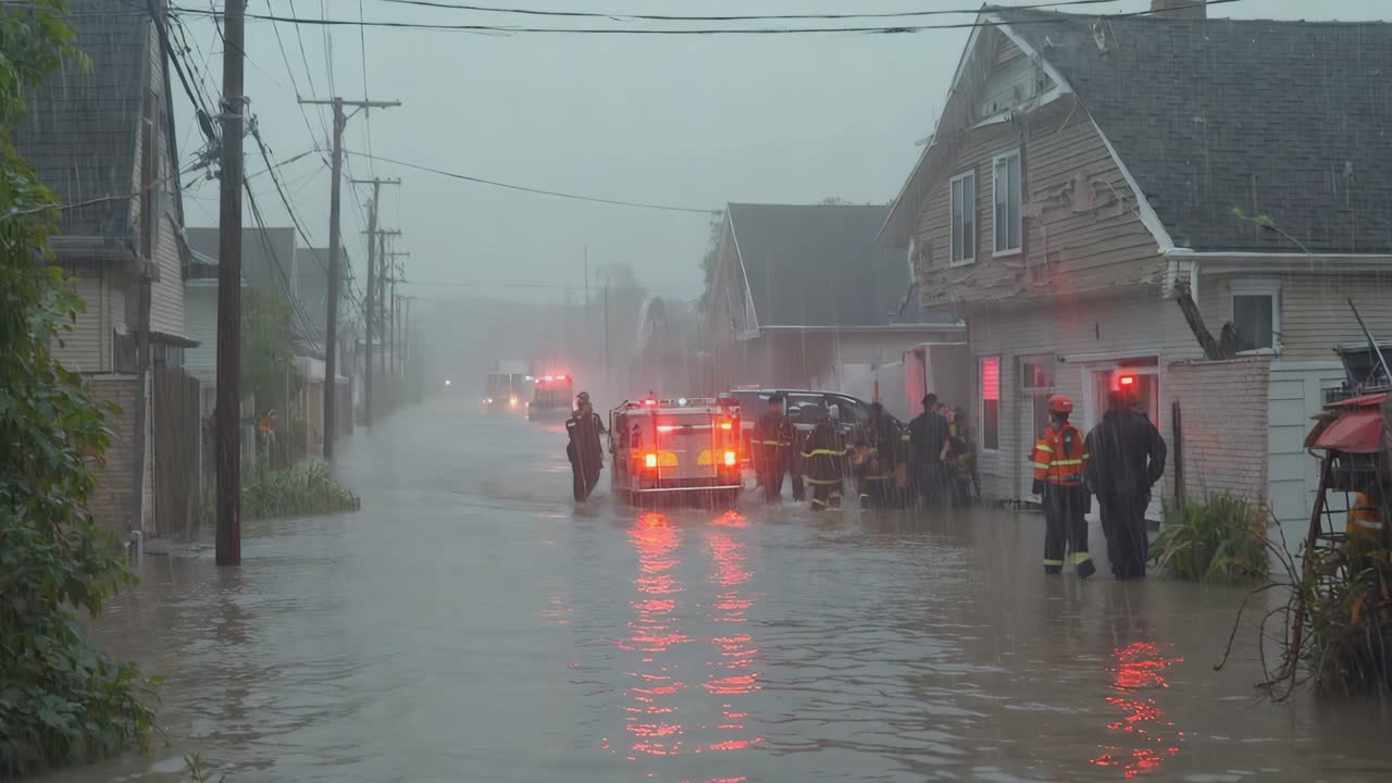Firefighters Respond to Flooded Neighborhood