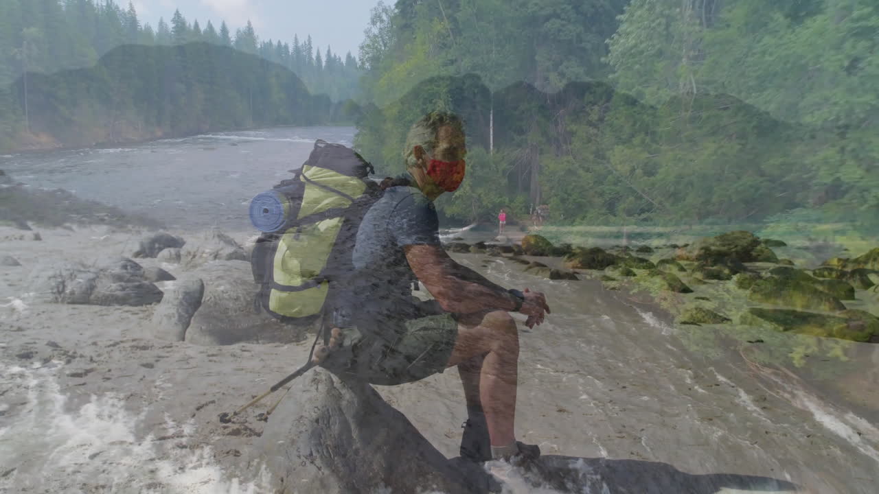 Hiking companions pausing riverside, engaging travel marketing with floating map icons and chart