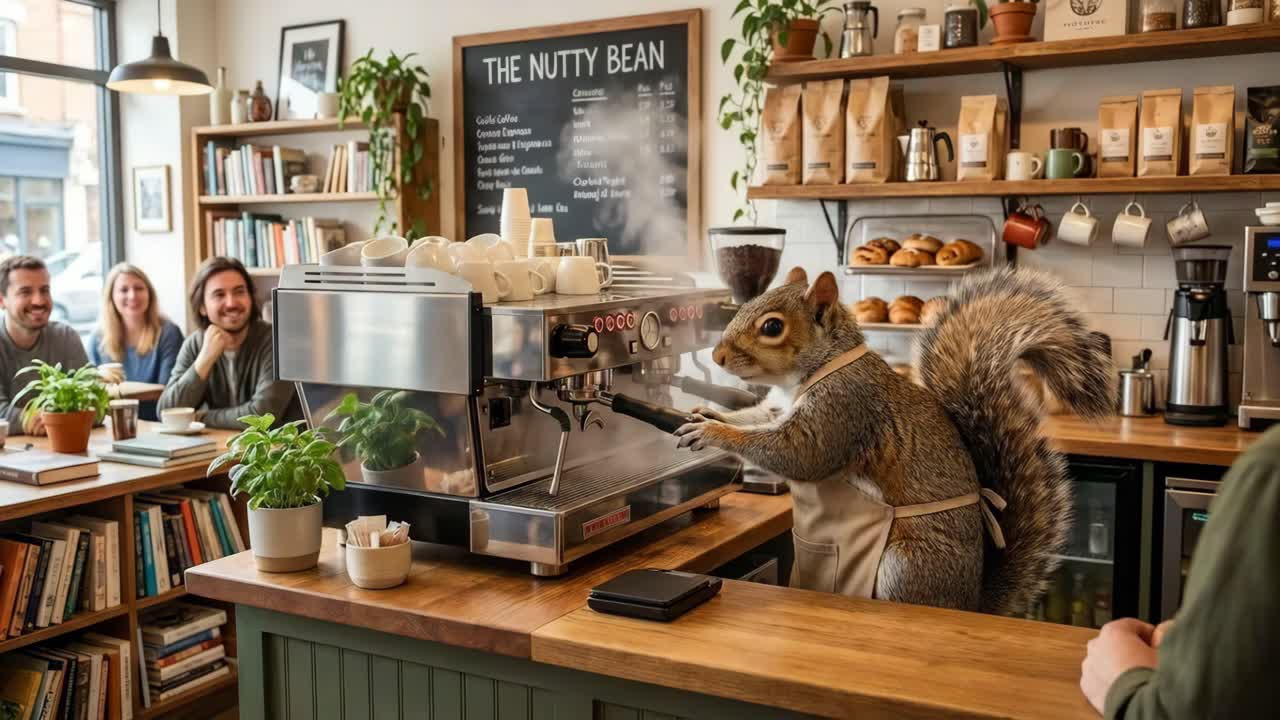 カフェでコーヒーを入れるリスのバリスタ