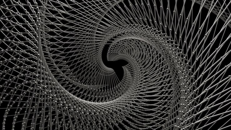3d render of metal twisted lattice structure with spheres in the vertexes.