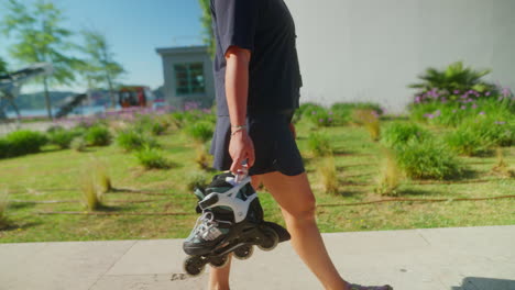 woman walking with rollerblades