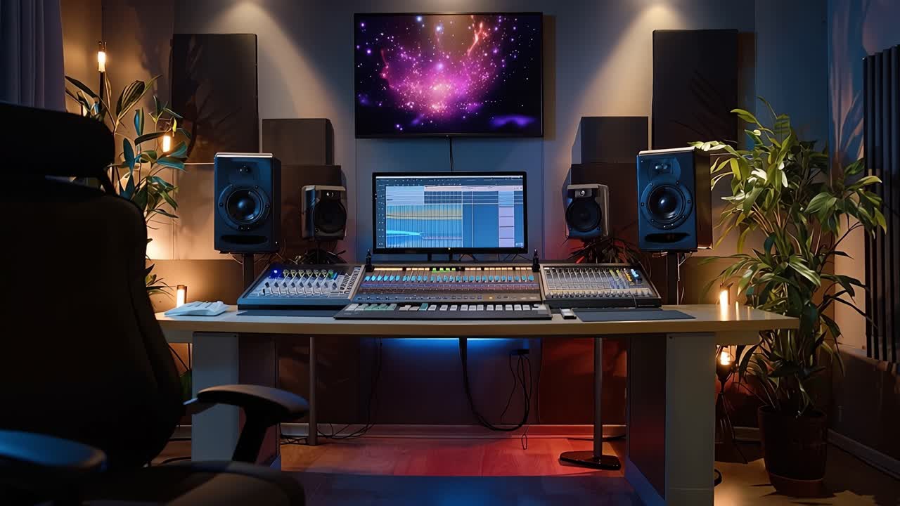 Útulné studio zalité teplým ambientním světlem. Špičkové audio vybavení dominuje středu. Monitor jasně svítí a zobrazuje barevné vizuály. Profesionální židle vybízí k soustředěné tvůrčí práci.