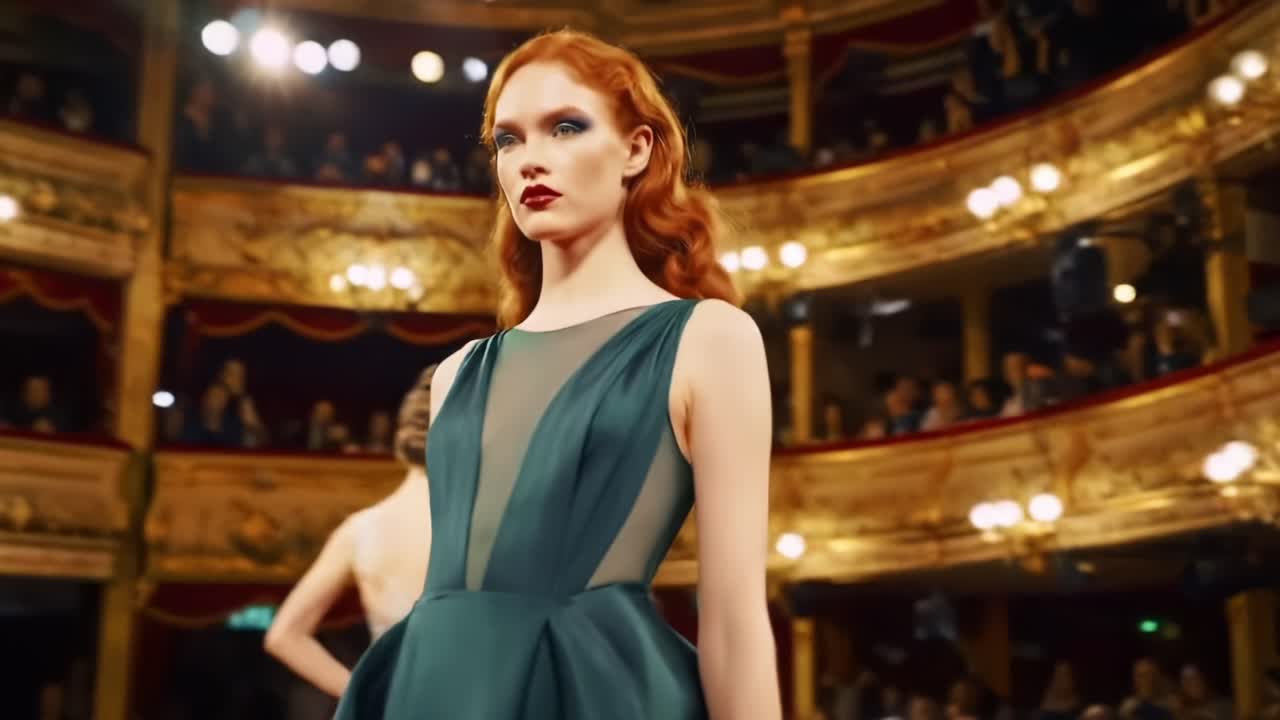 Fashion Models Showcase Elegant Designs at a Grand Theater Event in the Evening Light