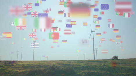 wind turbines on grassy field with floating international flags animation