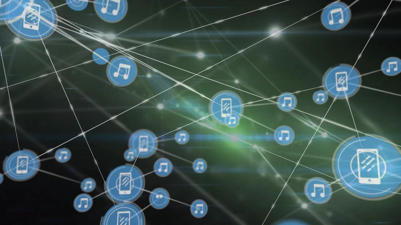 Animation of network of connections with icons and light trails on black background