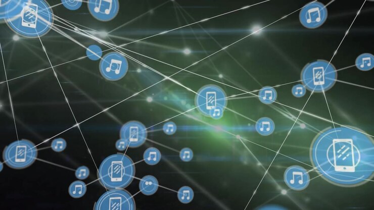 Animation of network of connections with icons and light trails on black background