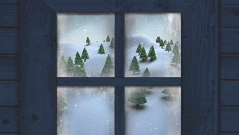 Animation-of-snow-falling-and-christmas-winter-scenery-seen-through-window