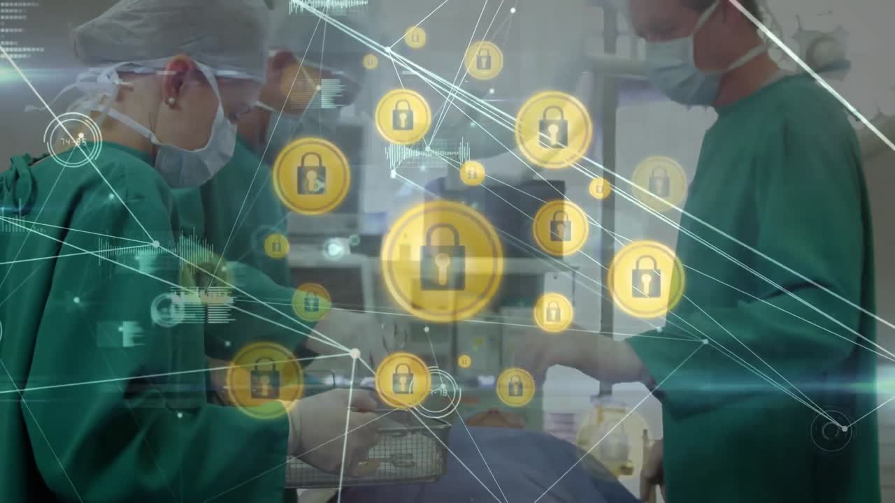 red de iconos de candados de seguridad contra un grupo de diversos cirujanos que realizan operaciones en el hospital