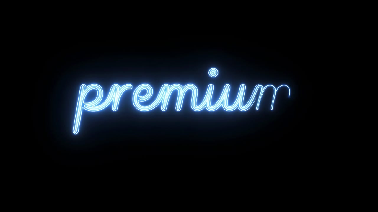 Scritta al neon blu ciano brillante che forma la parola "premium" risalta su uno sfondo nero intenso, con un alone morbido, bordi elettrici luminosi, un contrasto moderno ed elegante, una luce ambientale suggestiva e uno stile commerciale raffinato.