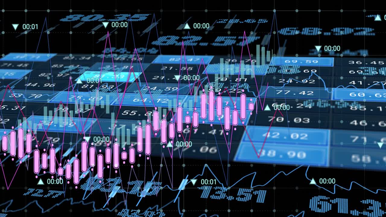 Animation of financial data processing on screens over black background